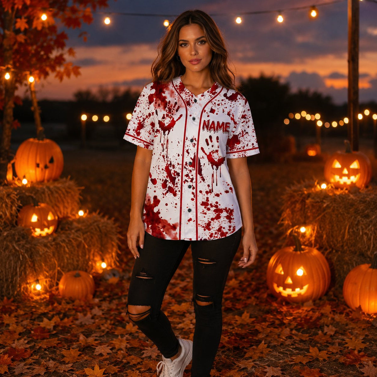 Lifestyle view of an adult wearing the Halloween blood splatter true crime baseball jersey