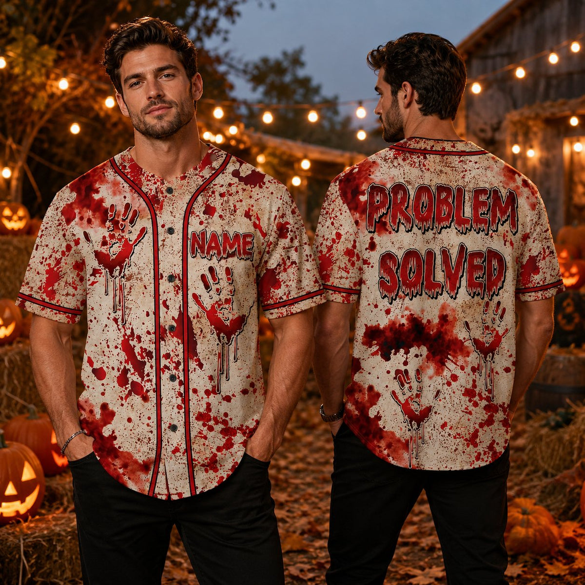 Second lifestyle view featuring the custom name and number Halloween baseball jersey