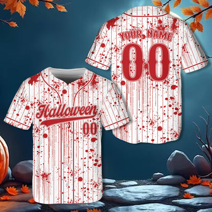 Personalized halloween blood splatter baseball jersey with custom name and number, front view