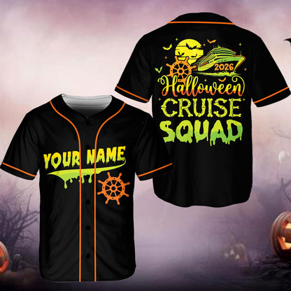Close-up of personalized name in drippy green font on the cruise baseball jersey