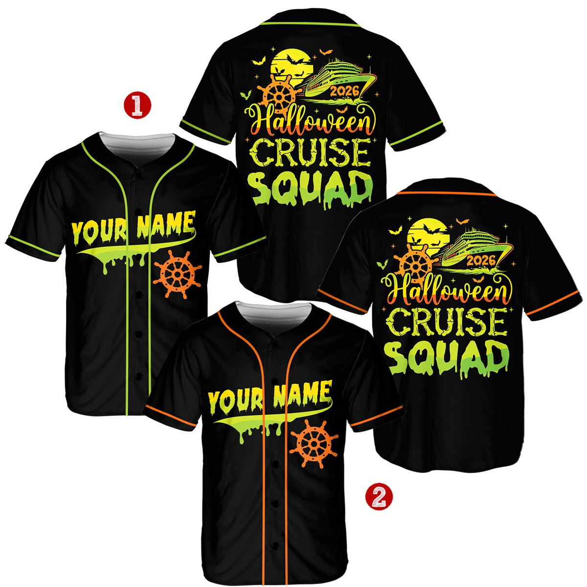 Back view of Halloween cruise squad baseball jersey with yellow moon and ship