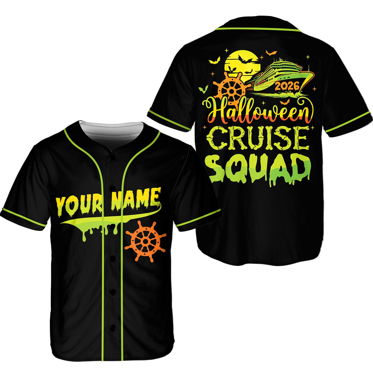 Detail view of the spooky Halloween cruise baseball jersey graphic