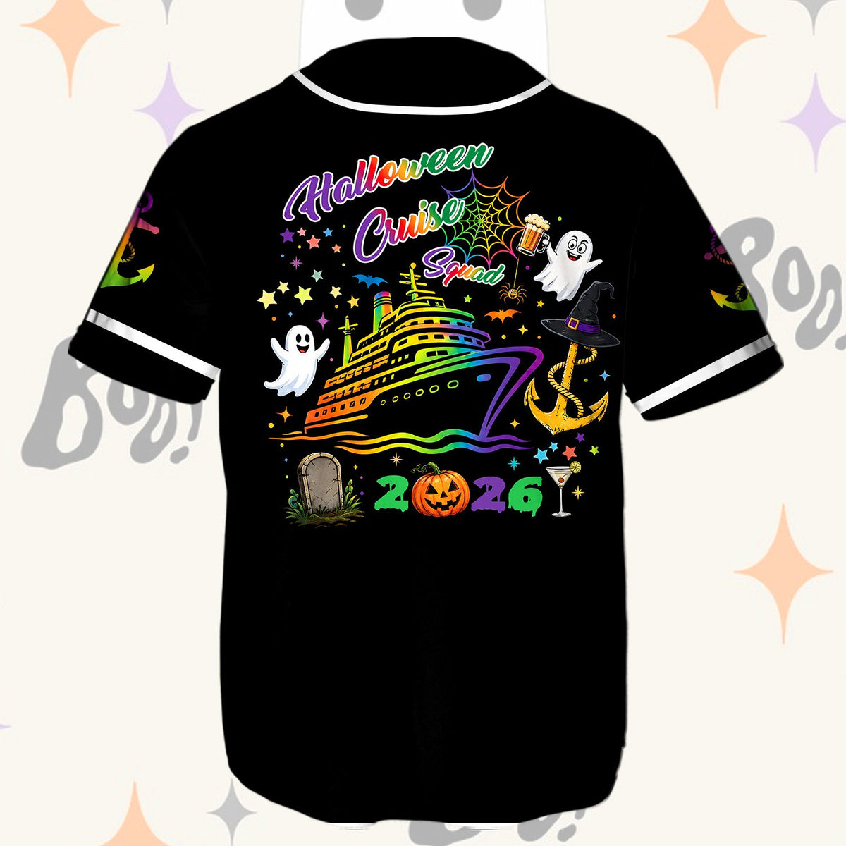 Detailed back view of the halloween cruise squad jersey