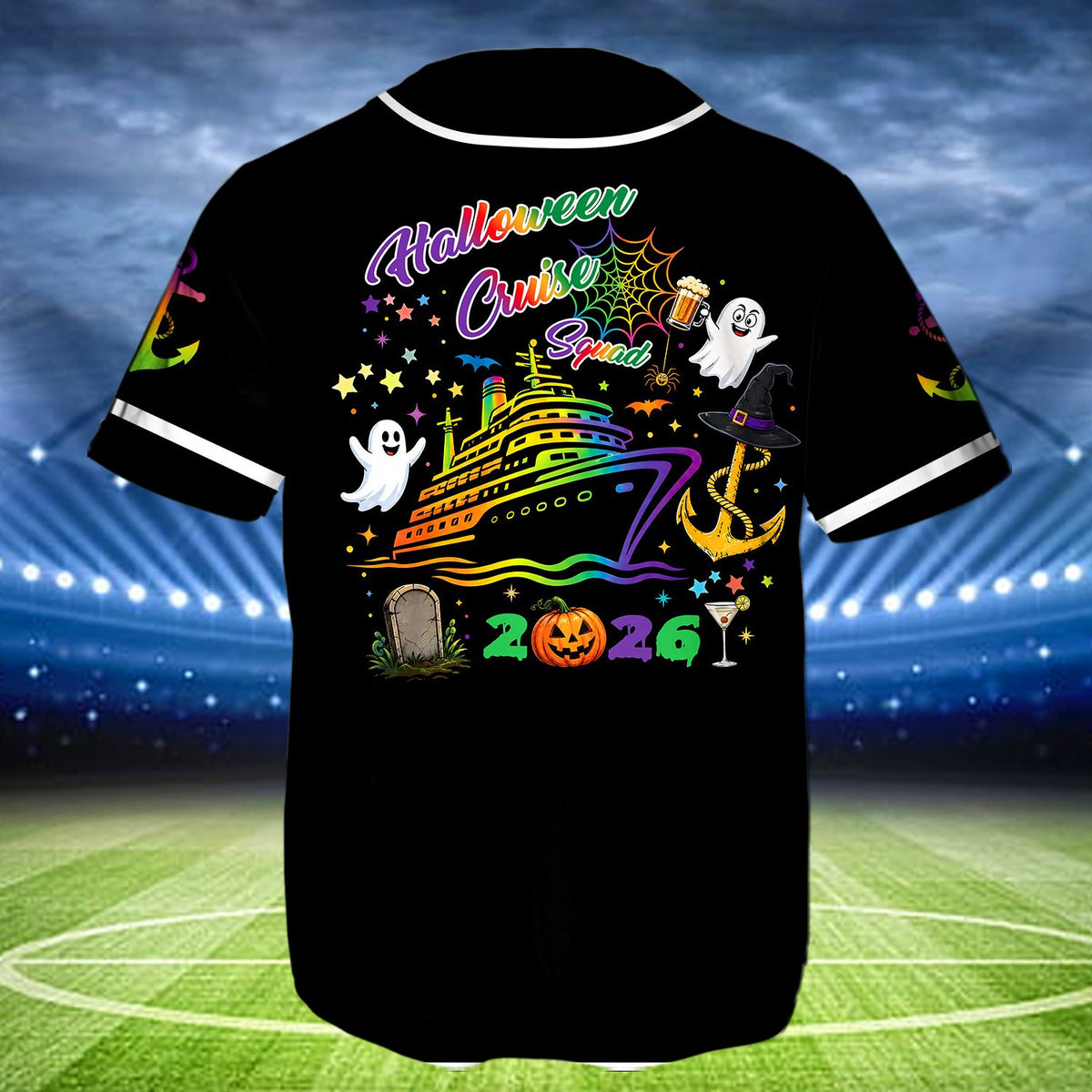 Close-up on the back design of the halloween baseball jersey