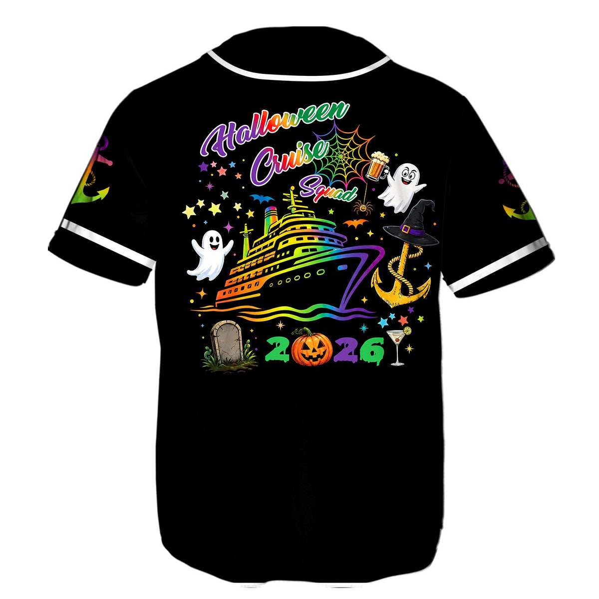 Full back view of the black baseball jersey with rainbow graphics