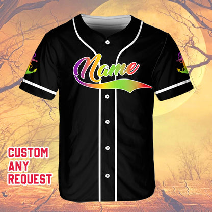 Main view of the personalized halloween cruise squad baseball jersey in black