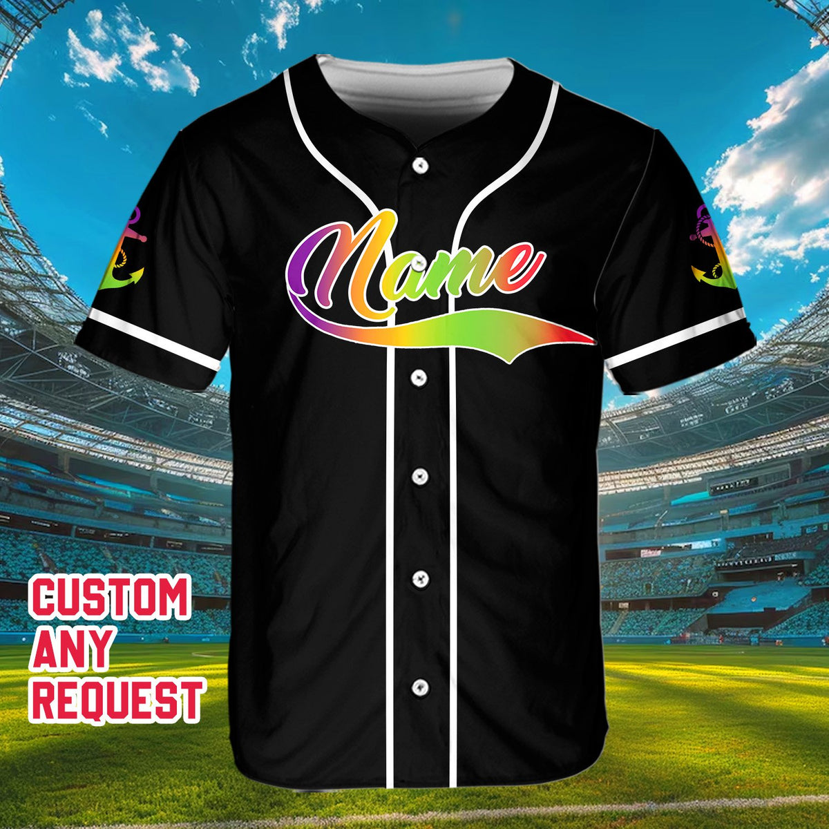 Lifestyle shot of someone wearing the personalized halloween cruise squad baseball jersey