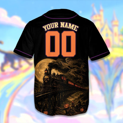 Personalized Halloween baseball jersey featuring a scary jack-o'-lantern and haunted house, front view