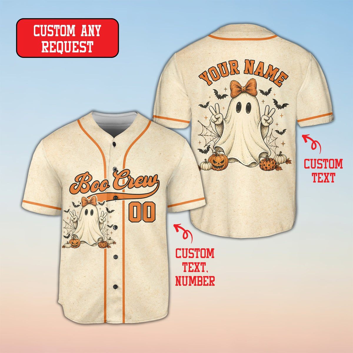 Front view of the personalized halloween baseball jersey in beige