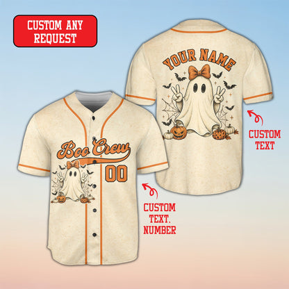 Front view of the personalized halloween baseball jersey in beige