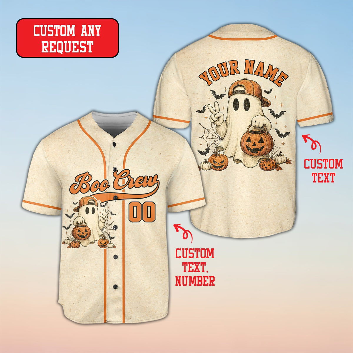 Alternate front view of the beige personalized halloween baseball jersey