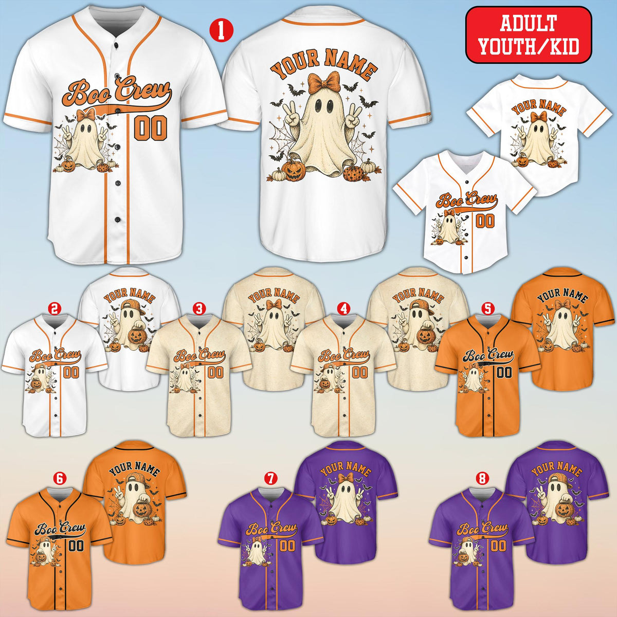 Front view of the white personalized halloween baseball jersey showing the ghost and custom number