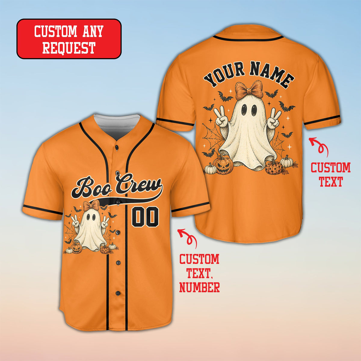 Front view of the personalized halloween baseball jersey in orange