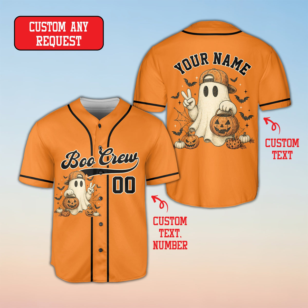 Alternate front view of the orange personalized halloween baseball jersey