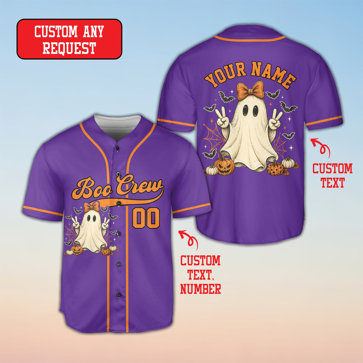 Front view of the personalized halloween baseball jersey in purple