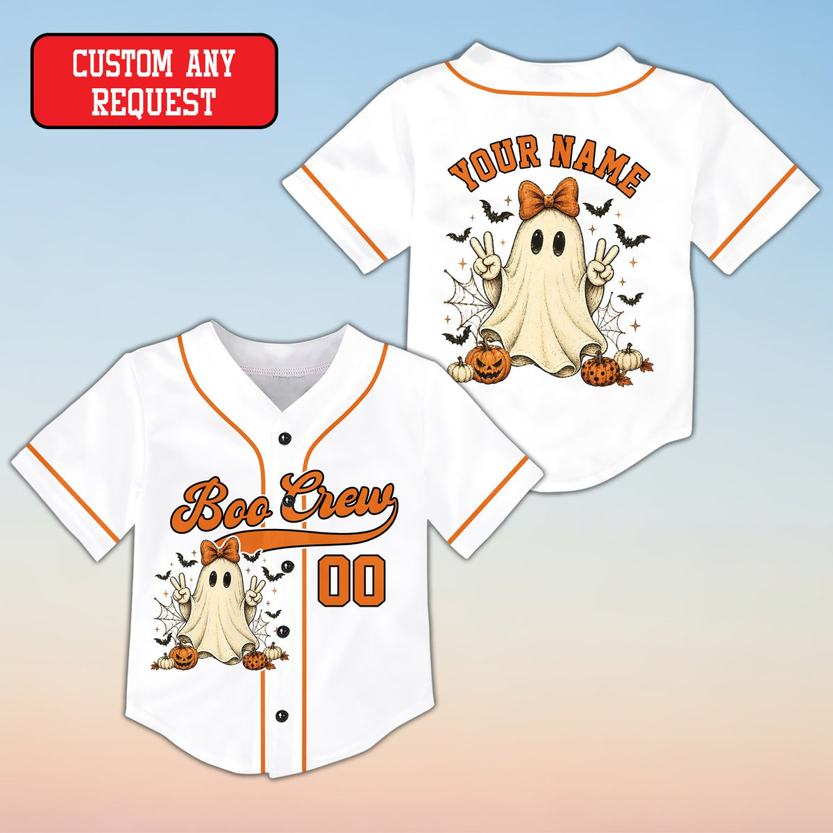 Personalized halloween baseball jersey in white with Boo Crew ghost design and orange piping, main view