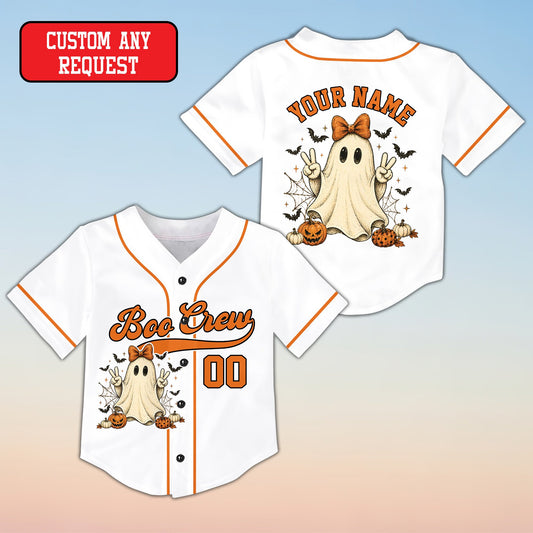 Personalized white Halloween Ghost Boo Crew baseball jersey with custom name and number, main view