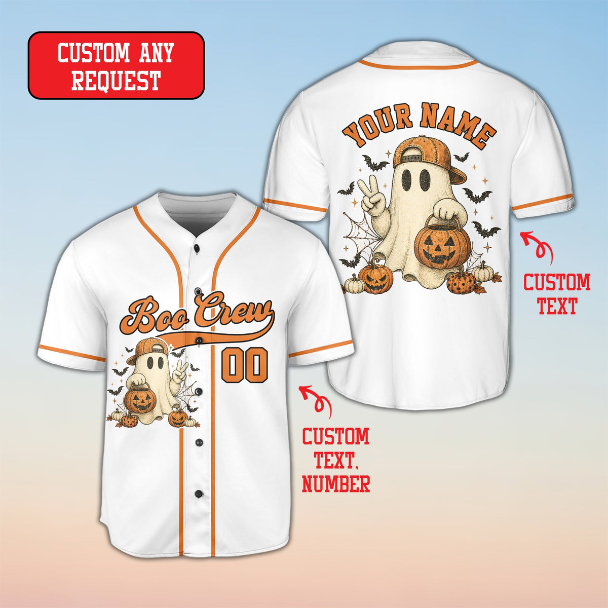 Alternate front view of the white personalized halloween baseball jersey with ghost graphic