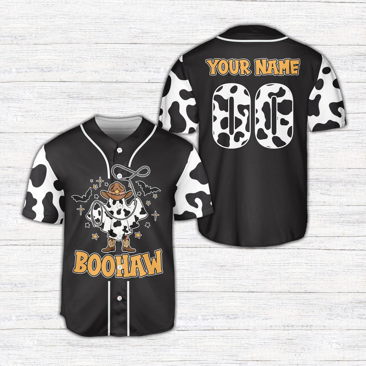 Alternate front view of the black halloween ghost cowboy baseball jersey