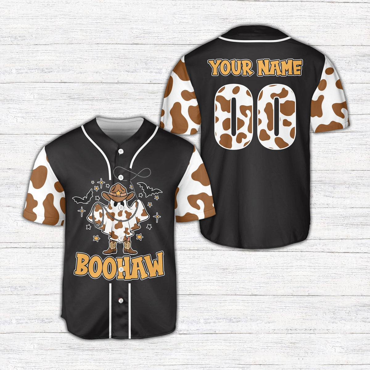Personalized black halloween ghost cowboy baseball jersey featuring a custom name and number, main view