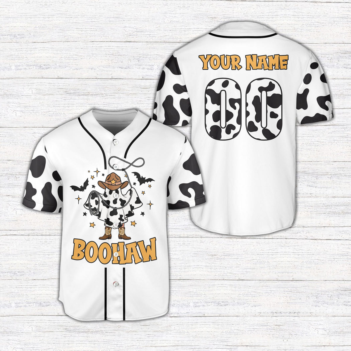 Alternate front view of the white personalized ghost baseball jersey