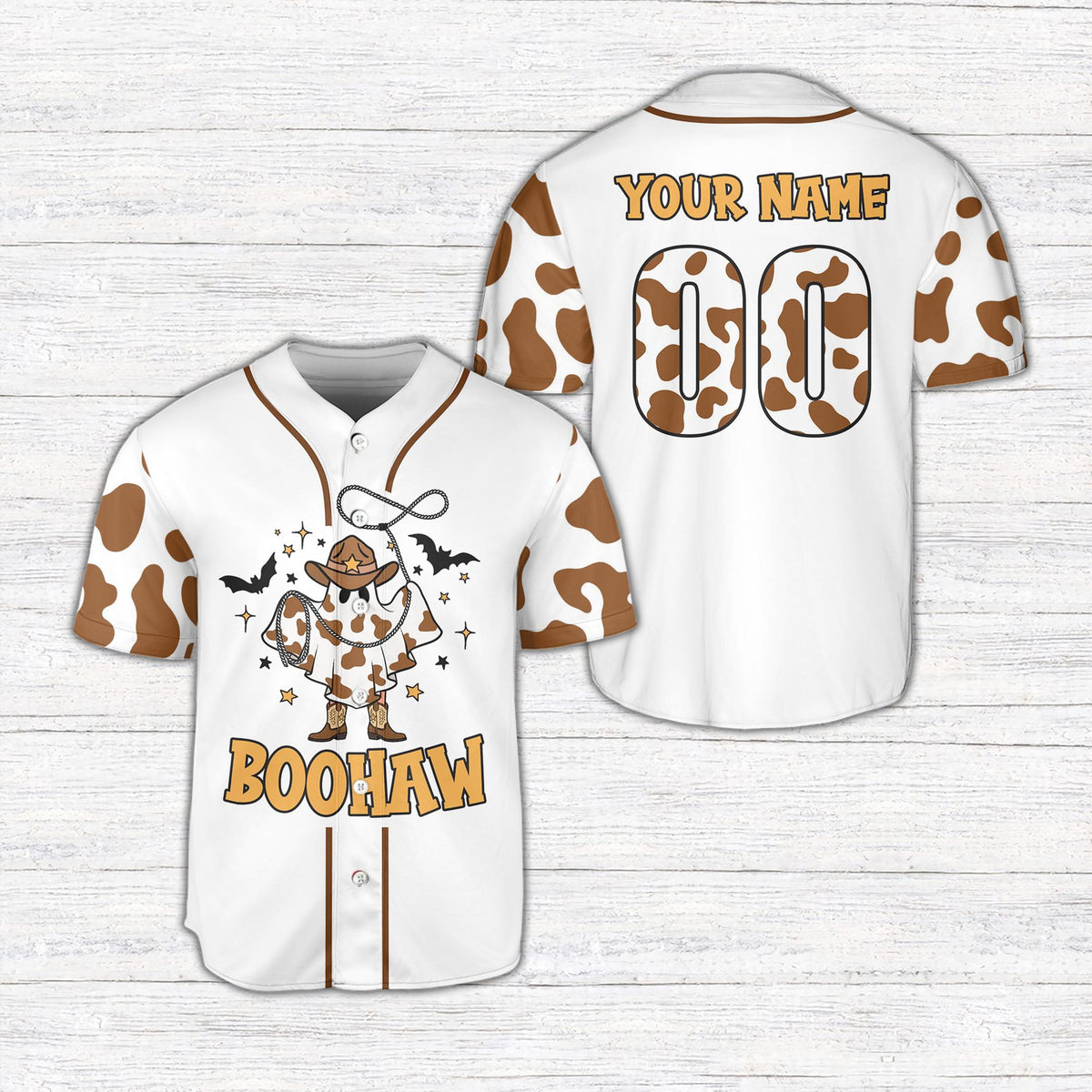 Front view of the white halloween ghost cowboy baseball jersey with boohaw text