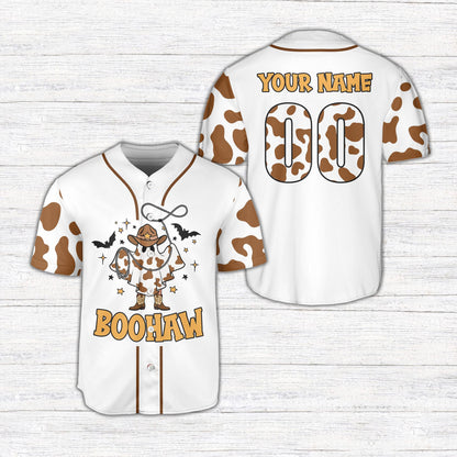 Front view of the white halloween ghost cowboy baseball jersey with boohaw text