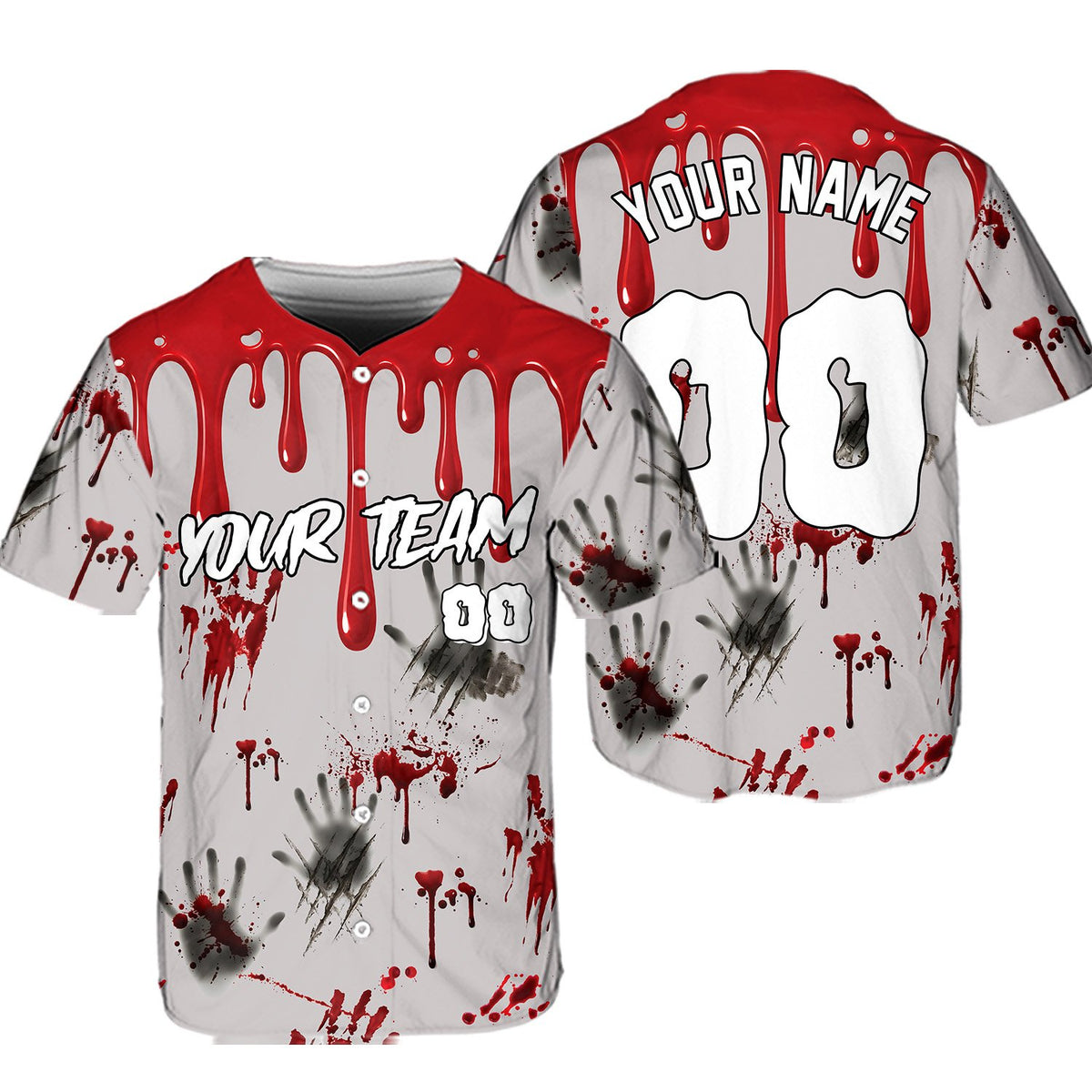 Front view of a gray custom baseball jersey with dripping blood effect