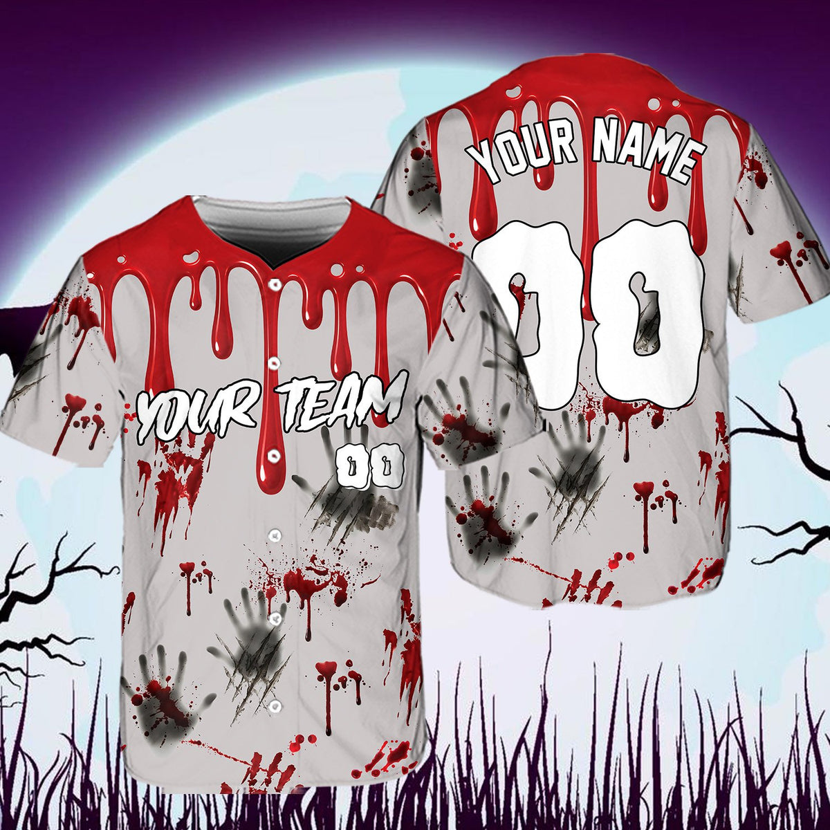 Front view of a gray personalized halloween baseball jersey