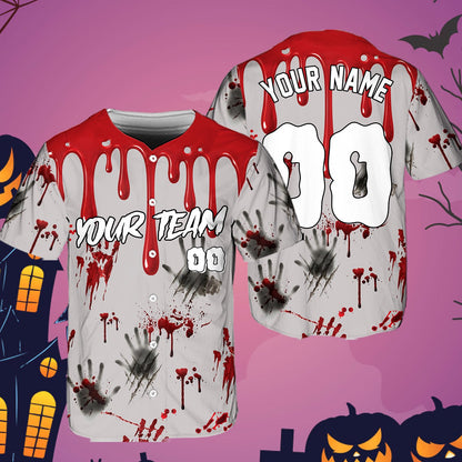 Front view of a gray personalized halloween baseball jersey showing splatters