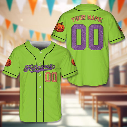 Green halloween baseball jersey with faux glitter script and jack-o'-lantern sleeves, main view