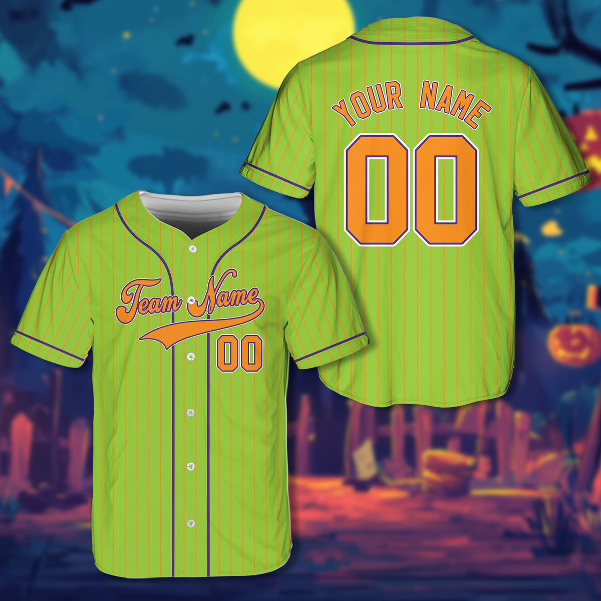 Personalized Halloween baseball jersey in green with custom name and number, detailed front view