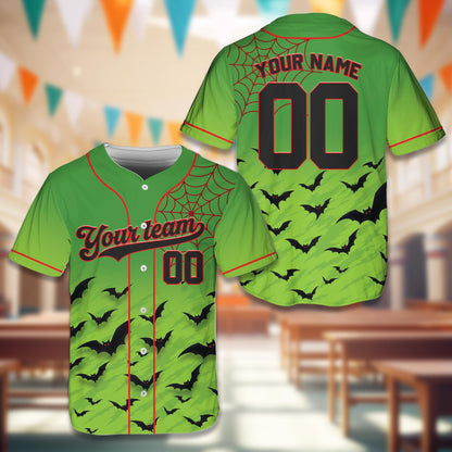 Custom green halloween themed baseball jersey front view