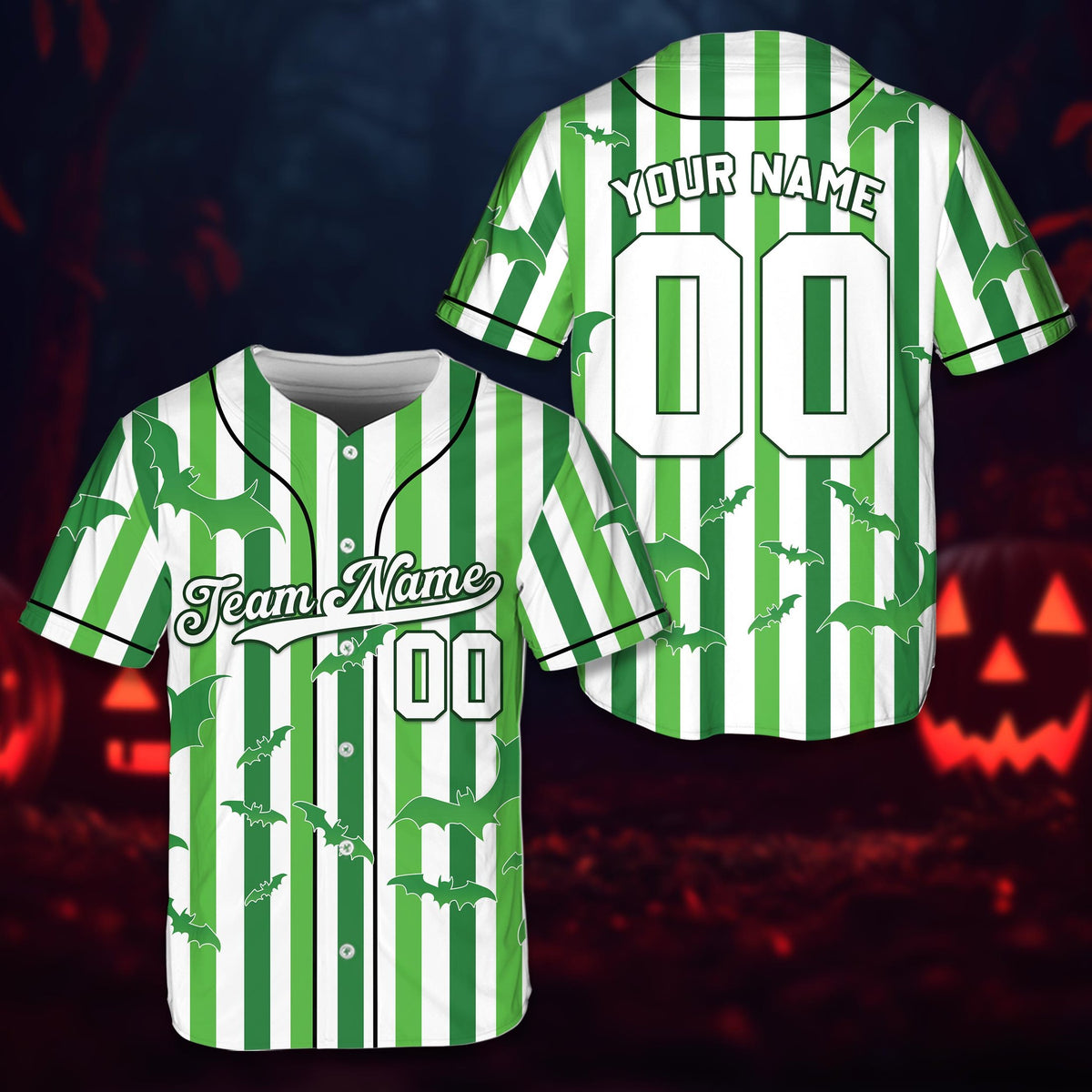 Front view of green and white personalized baseball jersey featuring halloween bats