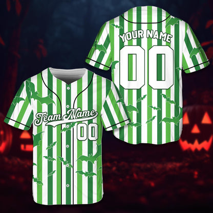Front view of green and white personalized baseball jersey featuring halloween bats