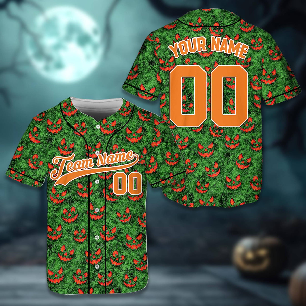 Green halloween themed baseball jersey showing the custom name and number front layout