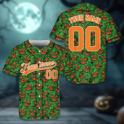 Green halloween themed baseball jersey showing the custom name and number front layout