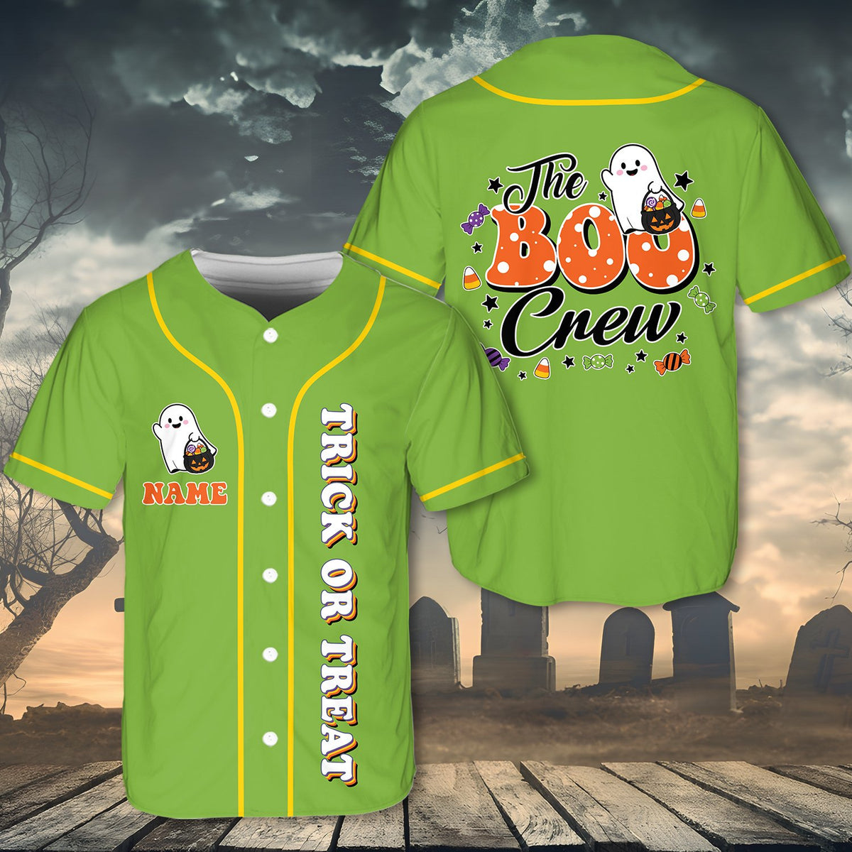 Personalized green Halloween baseball jersey with ghost graphic, front view 2