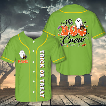 Personalized green Halloween baseball jersey with ghost graphic, front view 2