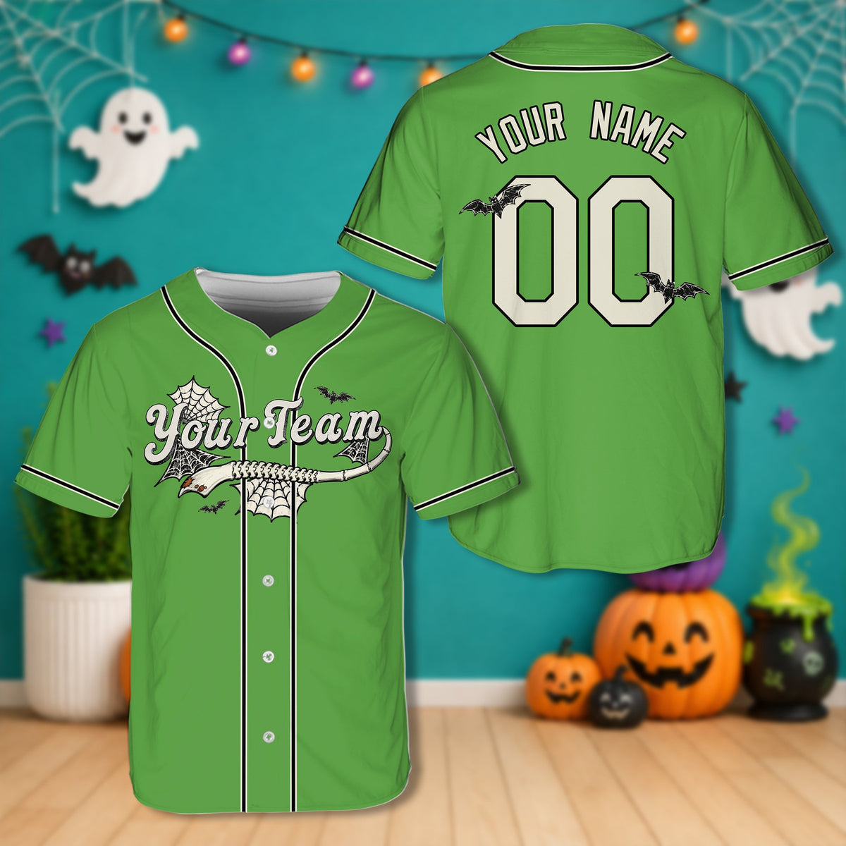 Personalized green Halloween baseball jersey, front view