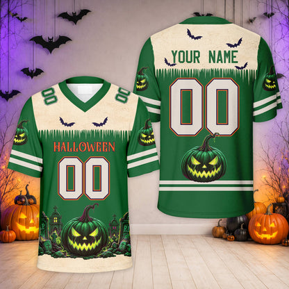 Personalized green halloween themed baseball jersey with glowing jack-o'-lantern graphic, front view