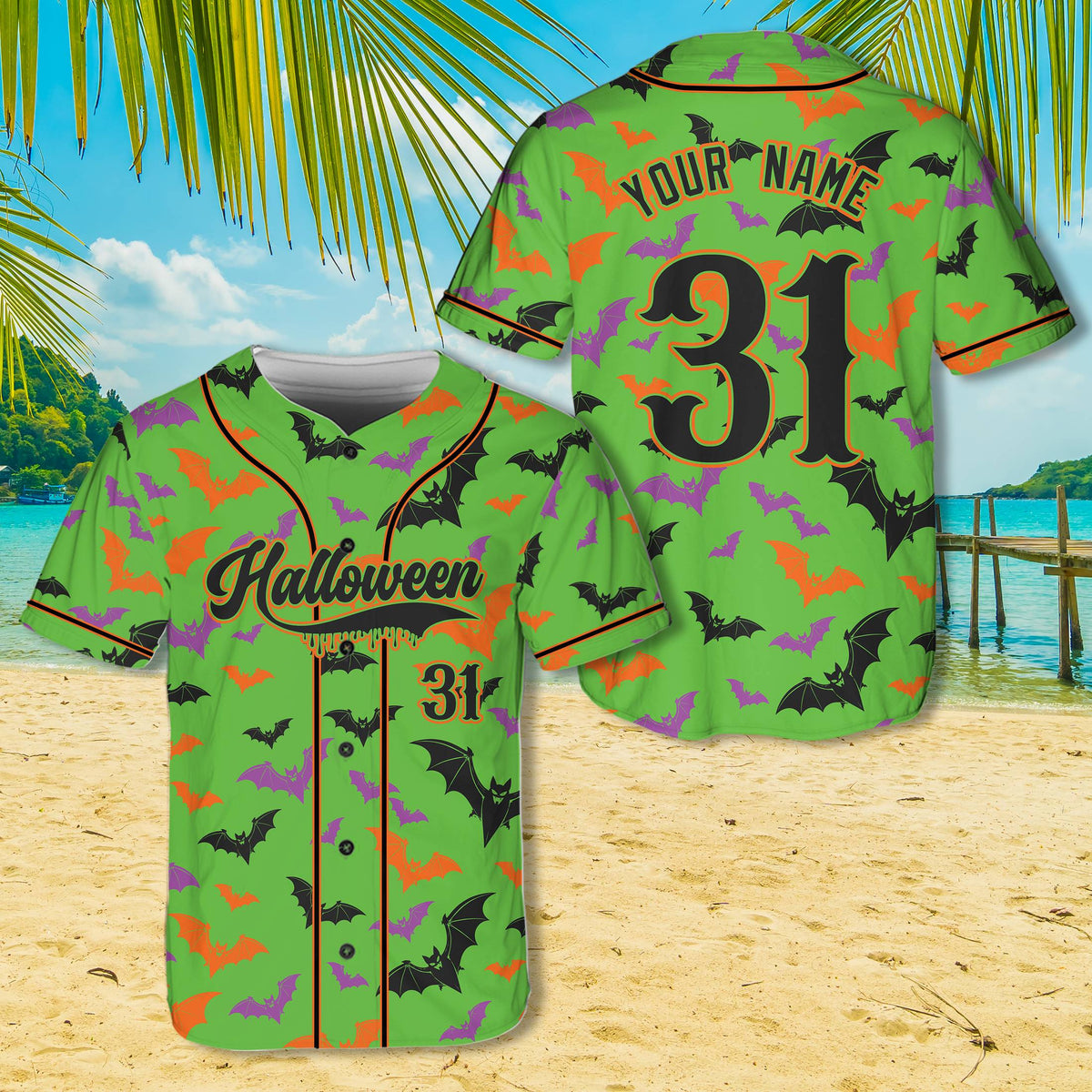 Personalized green halloween baseball jersey with dripping text, front view