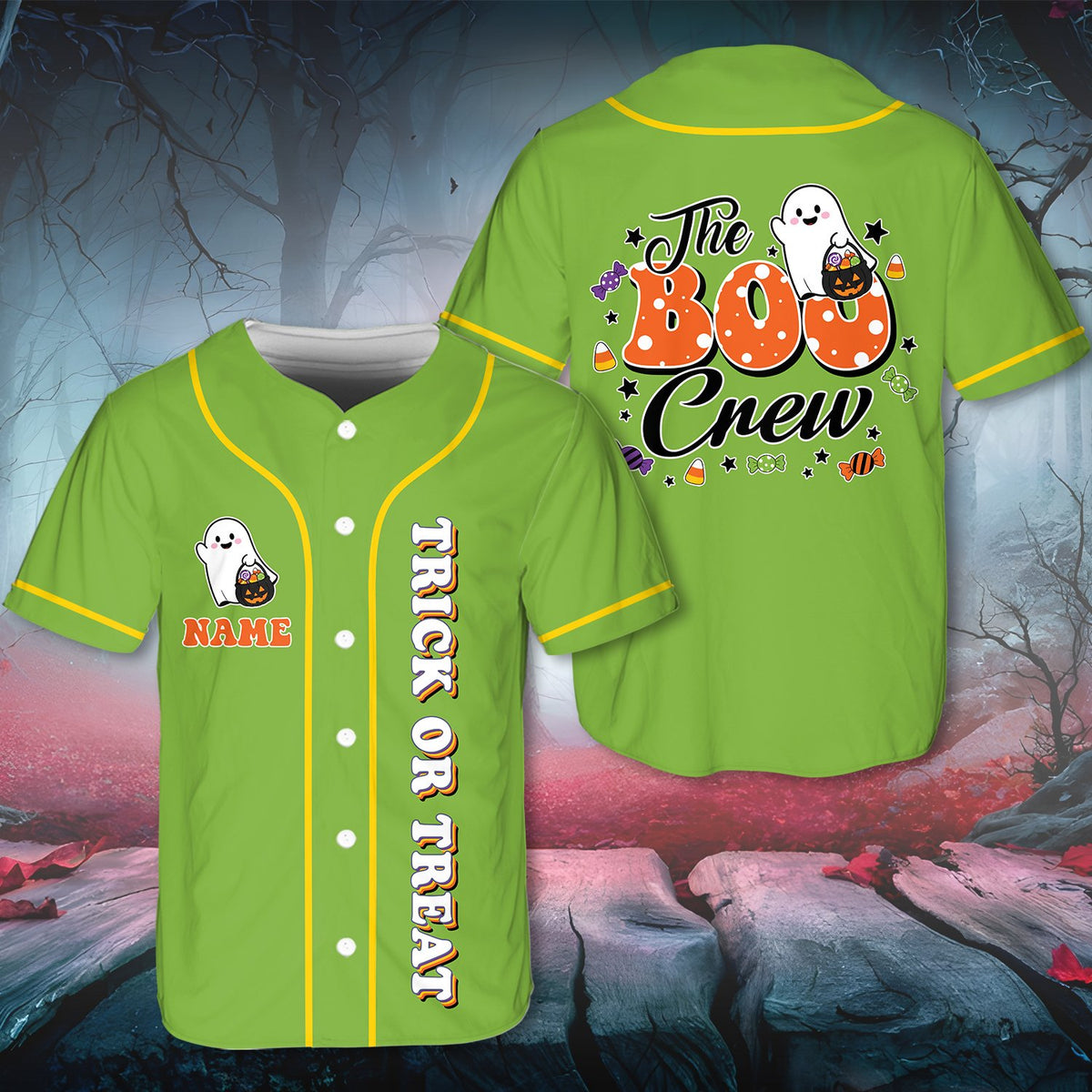 Personalized green Halloween baseball jersey with trick or treat text, front view 3