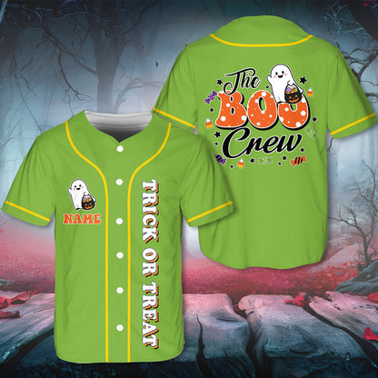 Personalized green Halloween baseball jersey with trick or treat text, front view 3