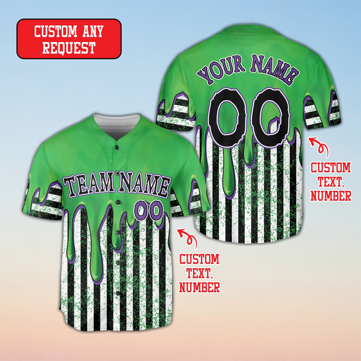 Detail showing the green distressed splatter on the custom baseball jersey