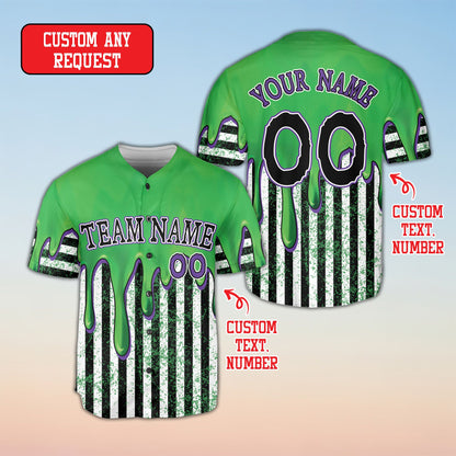 Detail showing the green distressed splatter on the custom baseball jersey