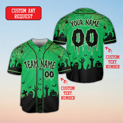 Front view of the green Halloween baseball jersey featuring spider webs and bats