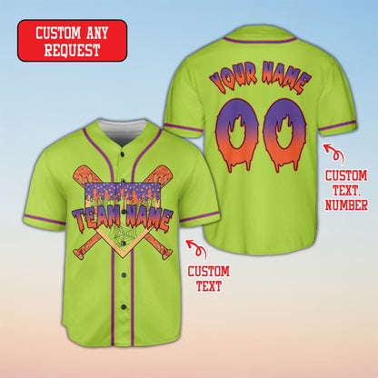 Personalized green halloween baseball jersey with custom name and number, front view