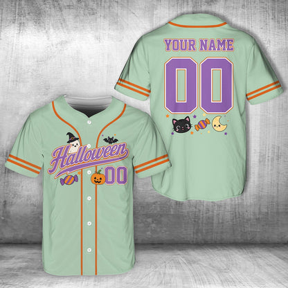 Light green personalized baseball jersey with halloween graphics and custom text, front view