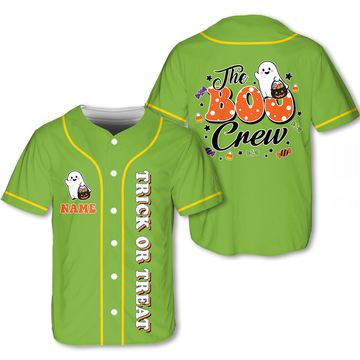 Personalized green Halloween baseball jersey with custom name and trick or treat text, front view